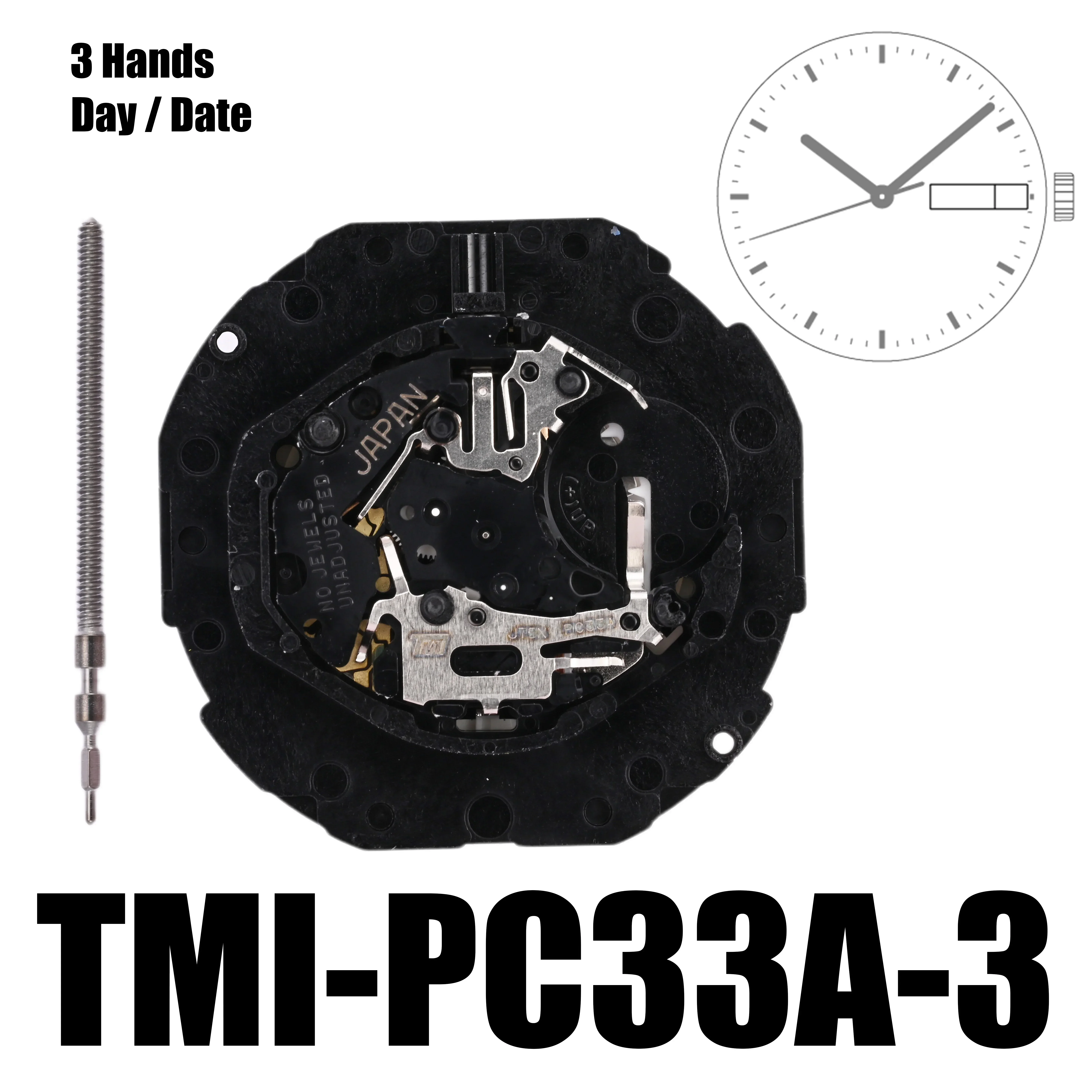TMI-PC33A Standard Dual Calendar Movement - PC33A Quartz Movement 3 Hands Day / Date Size: 10 ½‴ Height: 4.15mm