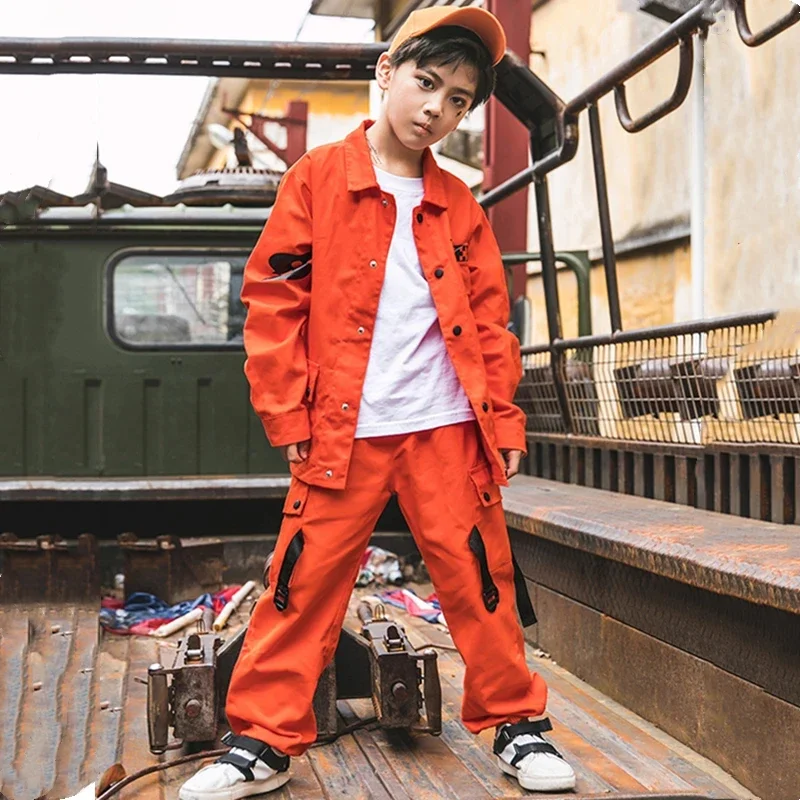 Boys Street Dance Jacket Orange Cargo Pants Girls Hip Hop Shirt Clothes Sets Children Joggers Kids Streetwear Jazz Coat Costumes