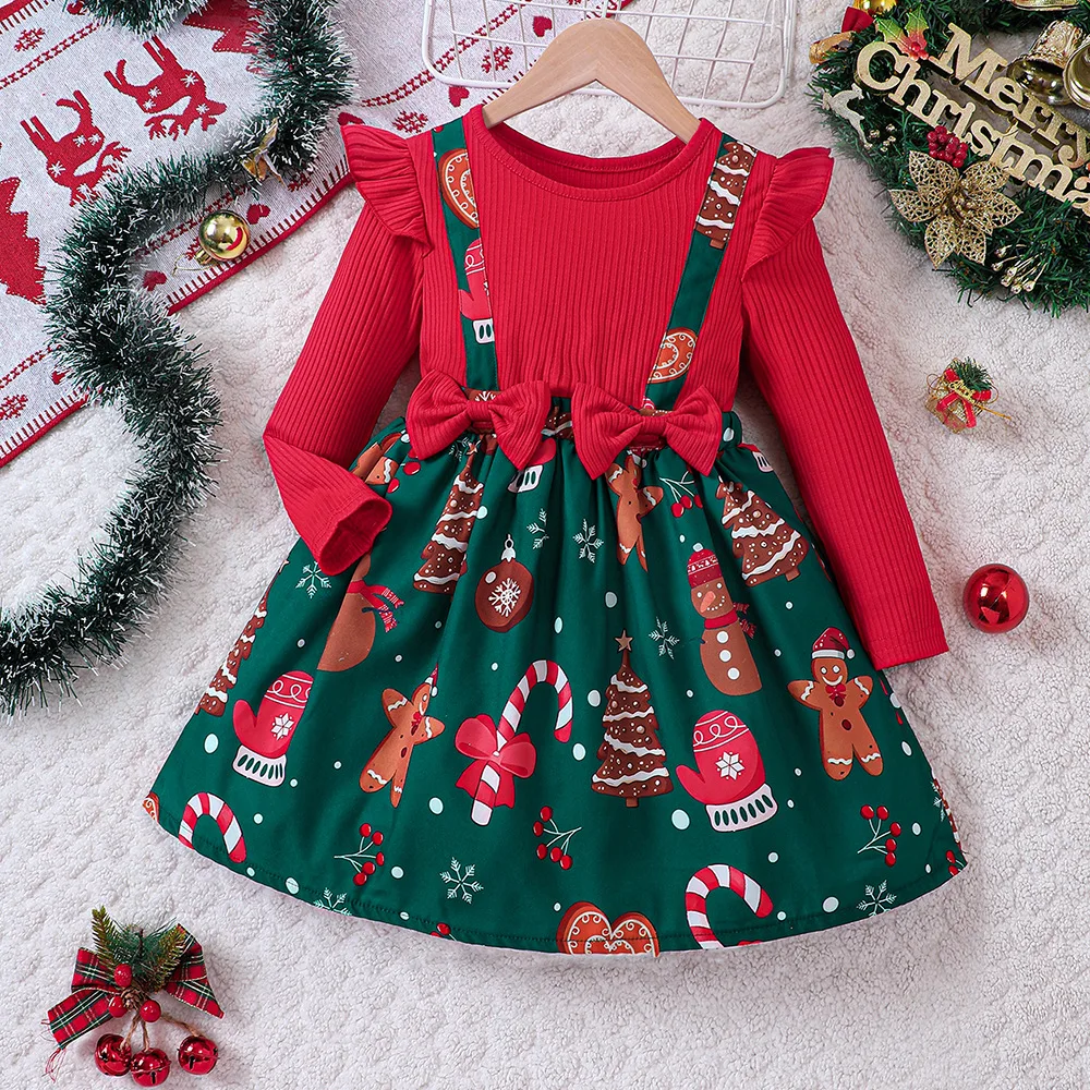 Girls Autumn Winter Fake Two Piece Spliced Dress With Christmas Style Printed Headband Socks For Holiday Party Daily Casual Wear