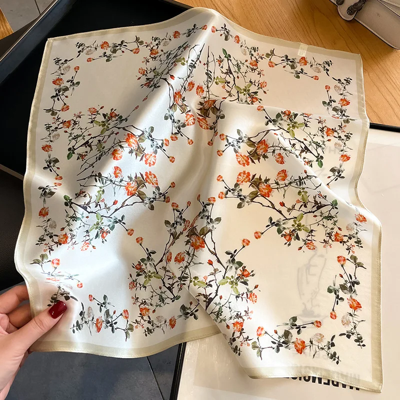 2024 New Women Square 100% Silk Scarf Foulard Bandana Lady Floral Scarves for Hair Bands Neckerchief Spring Bag Ties 53cm