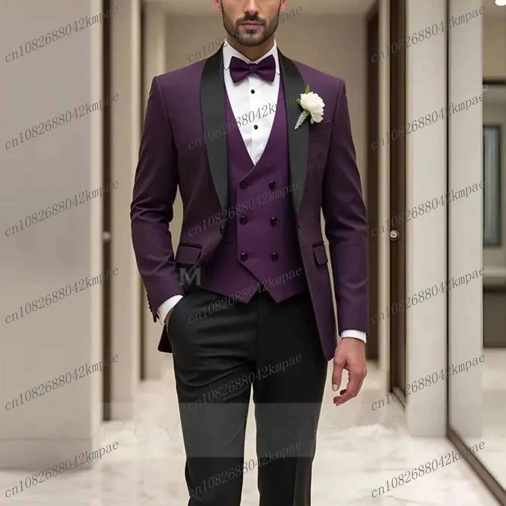 

Фиолетовый и черный деловой деловой мужской костюм для жениха, жениха, свадебной вечеринки, выпускного вечера, мужские смокинги, комплект из 3 предметов, пиджак, жилет, брюки