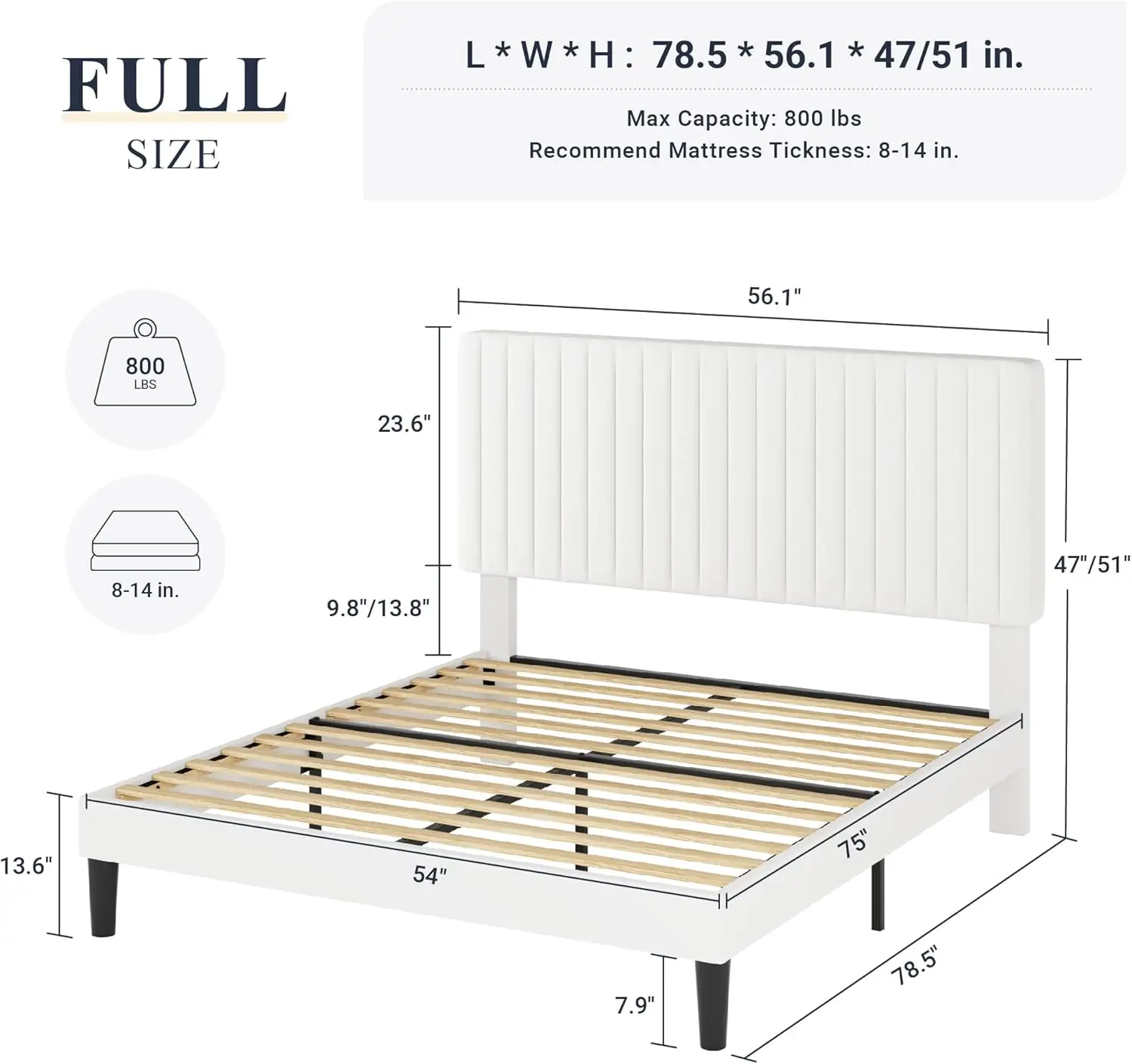 Full Bed Frame, Velvet Upholstered Platform Bed with Adjustable Vertical Channel Tufted Headboard, Mattress Foundation with Stro