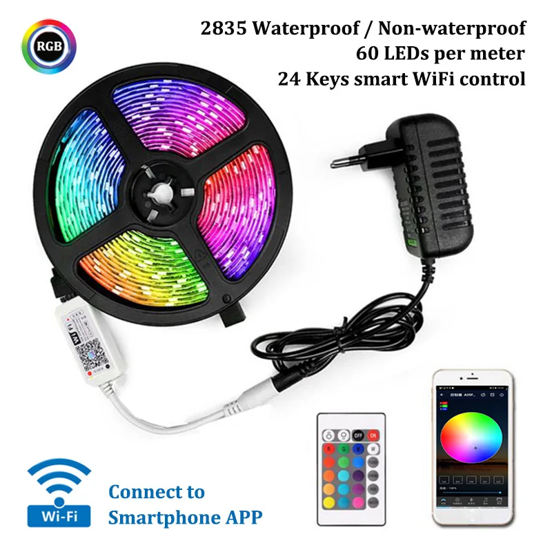 

Светодиодная лента RGB 2835 с поддержкой Bluetooth, Wi-Fi, ИК-пульт дистанционного управления, 12 В постоянного тока, гибкая светодиодная лента, 60 светодиодов/м, Диодная лента для спальни