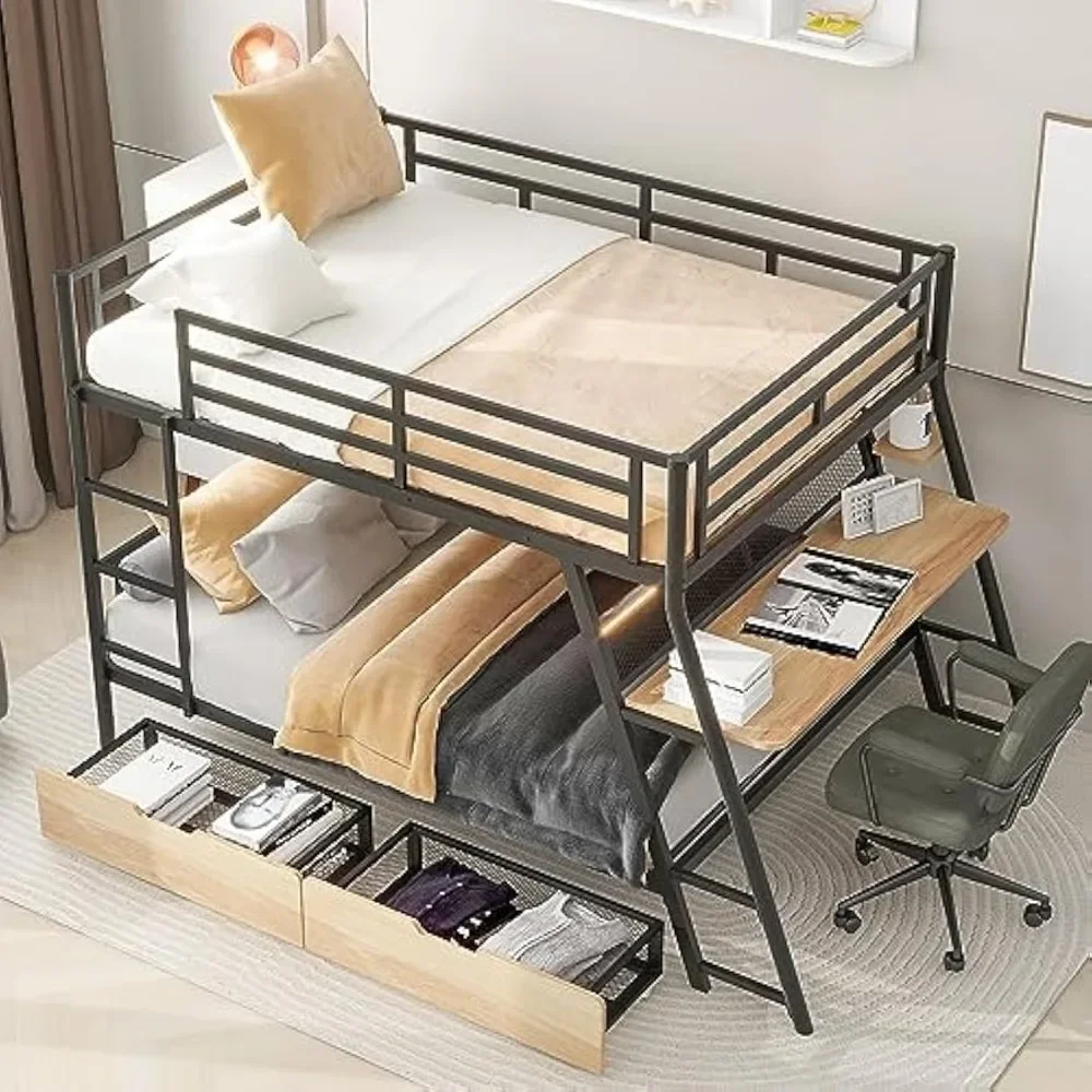

Bunk Bed, Full Over Full Metal Bunk Bed Frame with Built-in Desk, Light, 2 Drawers, Safety Guard Rails and Ladder, Heavy-Duty St