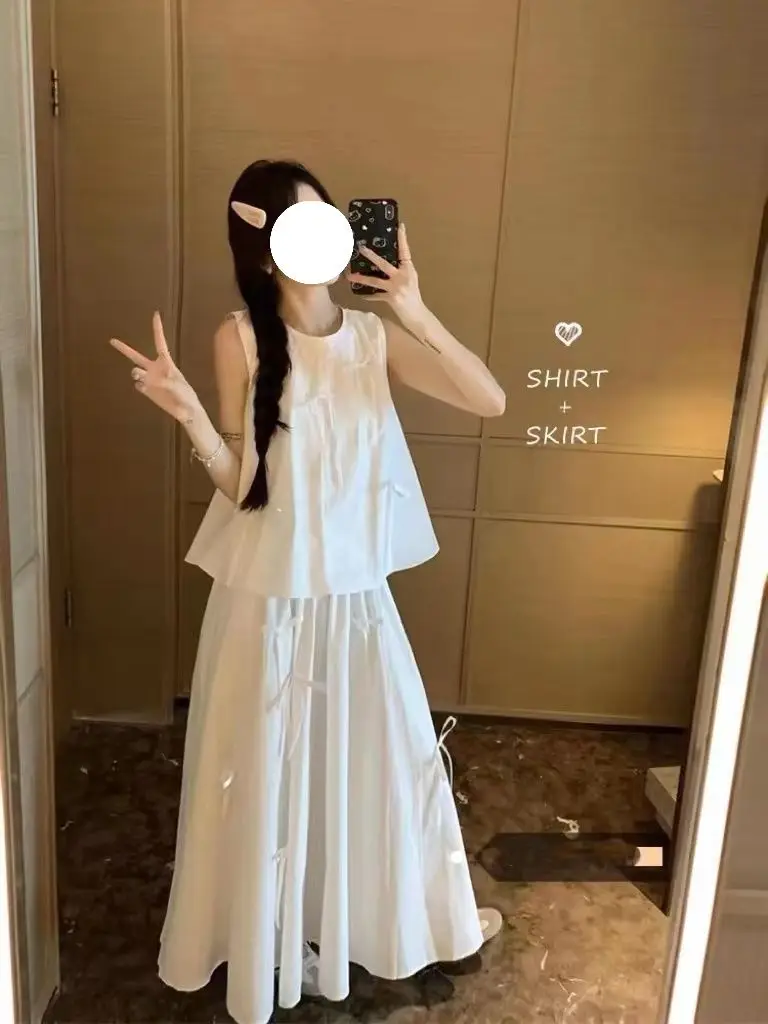 Women's Summer Bow Loose White Sleeveless Vest High Waisted Skirt