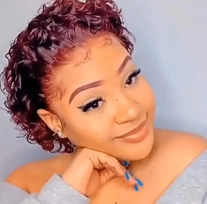 قطع بيكسي باروكات دانتيل أمامي ، شعر بشري ، قصير مجعد ، بورجوندي ، 6 بوصات ، 13x1