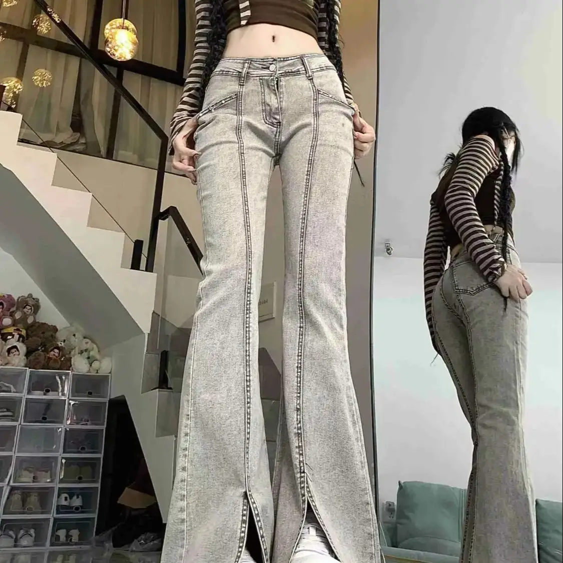 

Bell Bottom Jeans Slit Denim Pants Streetwear Fashion For Women Casual Solid American Style High Waisted Straight Jeans