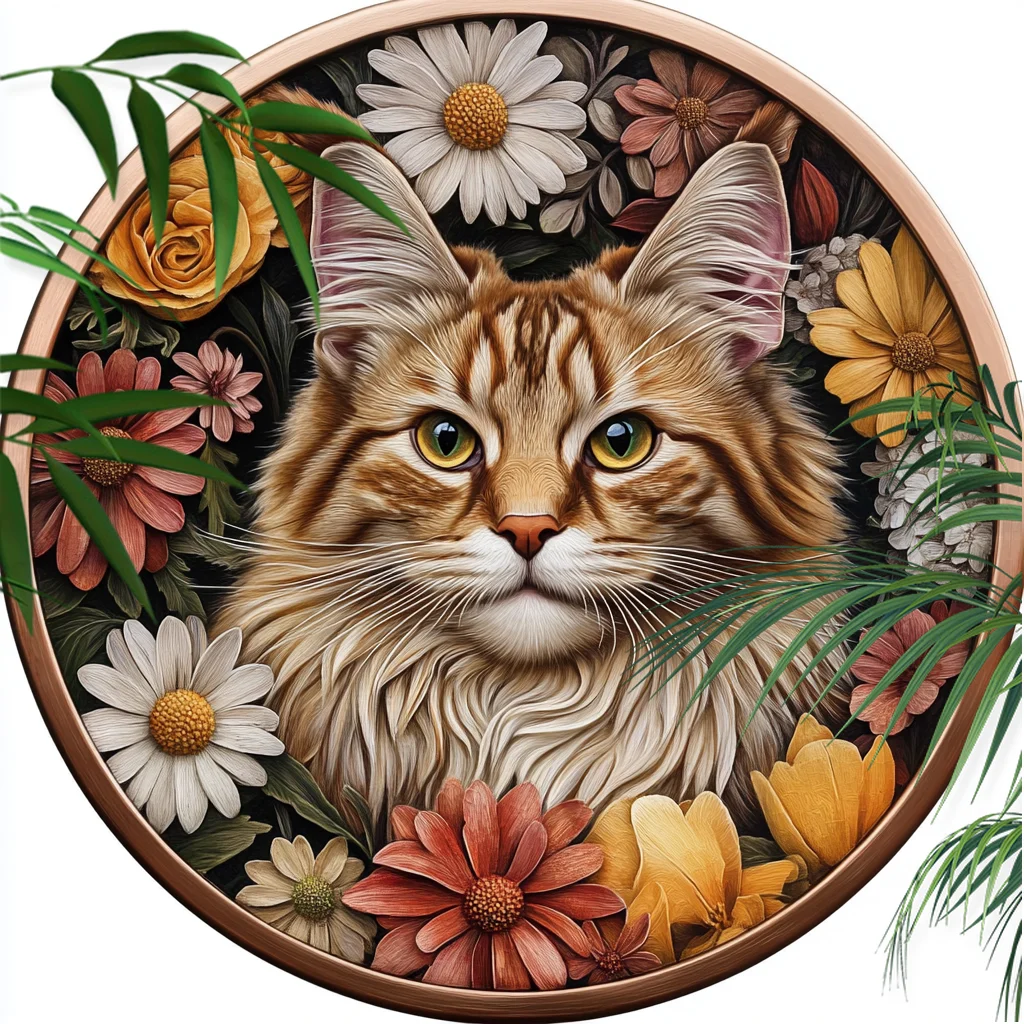 Maine Coon Cat Ornamento per animali domestici in alluminio - Pittura decorativa circolare personalizzata e lapide souvenir |   Perfetto per i regali