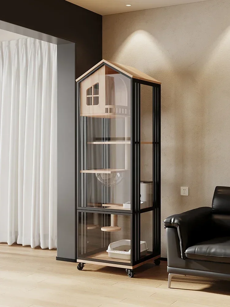 Cat villa household indoor small apartment does not occupy a high-end area, integrated litter basin, solid wood, cage