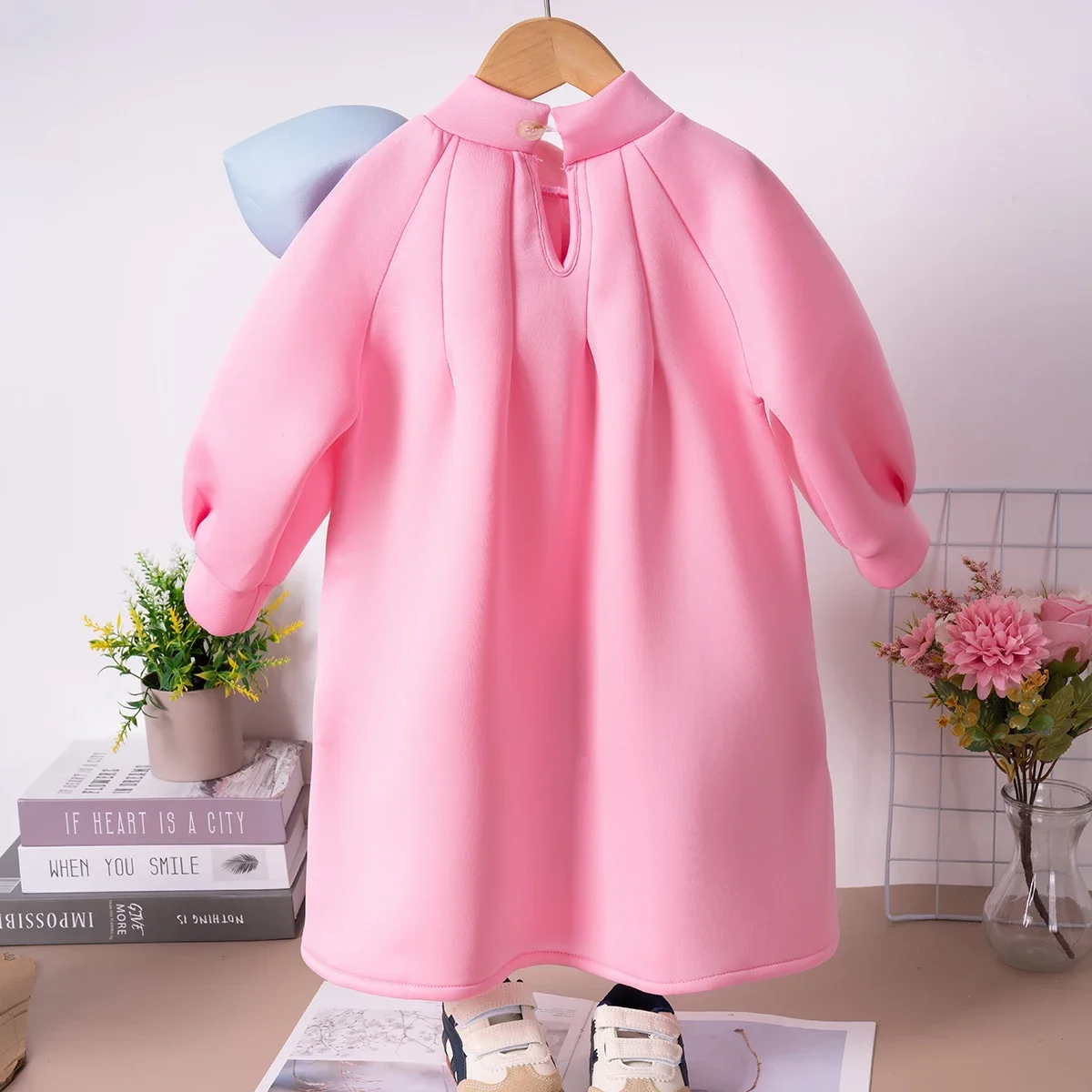 2024 Baby Girl Autumn Sweetheart Dress Round Neck Long Sleeve Dress Bow Decoration A-line Dress Fashion Solid Color Casual