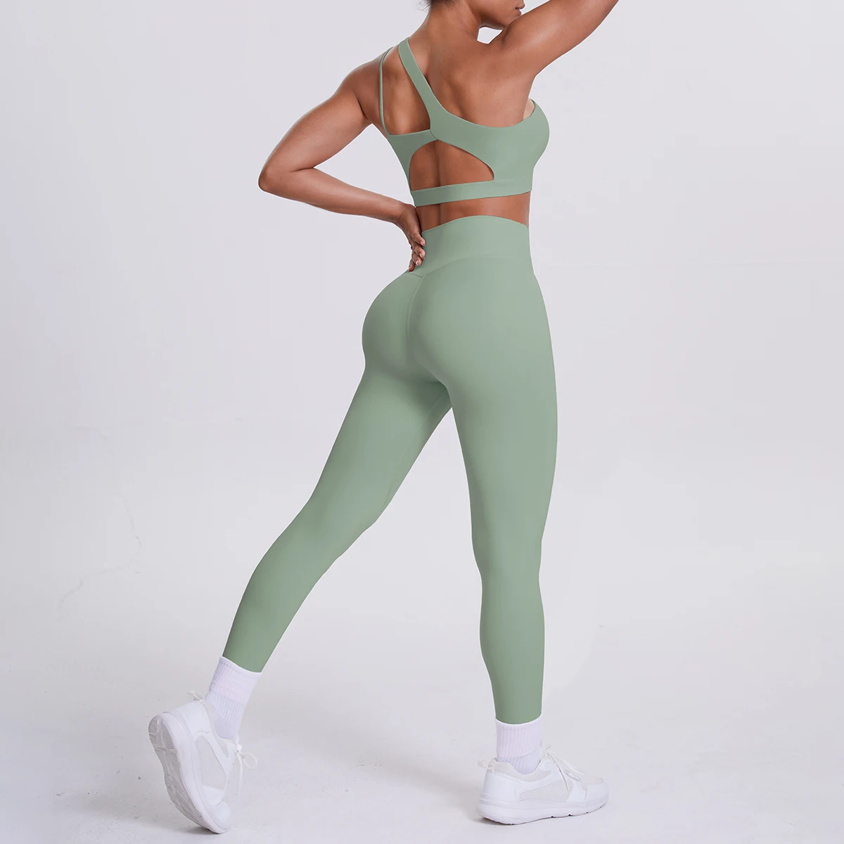 Solid Color Sexy Single Shoulder Bra Pants Yoga Set Women Breathable Shockproof Sports Bra Peach Butt Yoga Pants Yoga Set