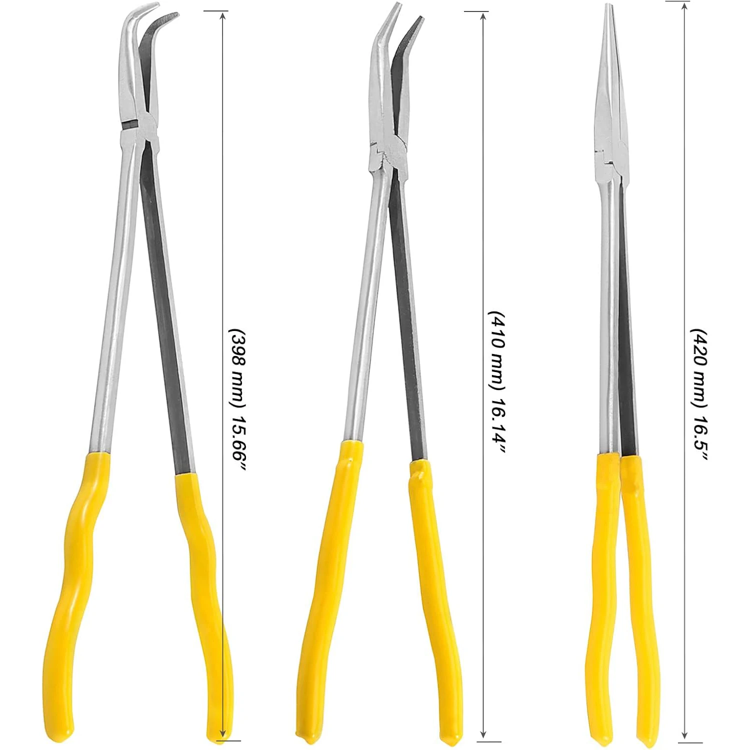 3 PCS 16 Inch Extra Long Needle Nose Pliers Set, 45 Degree, 90 Degree, Straight Extra Long Reach Pliers Set