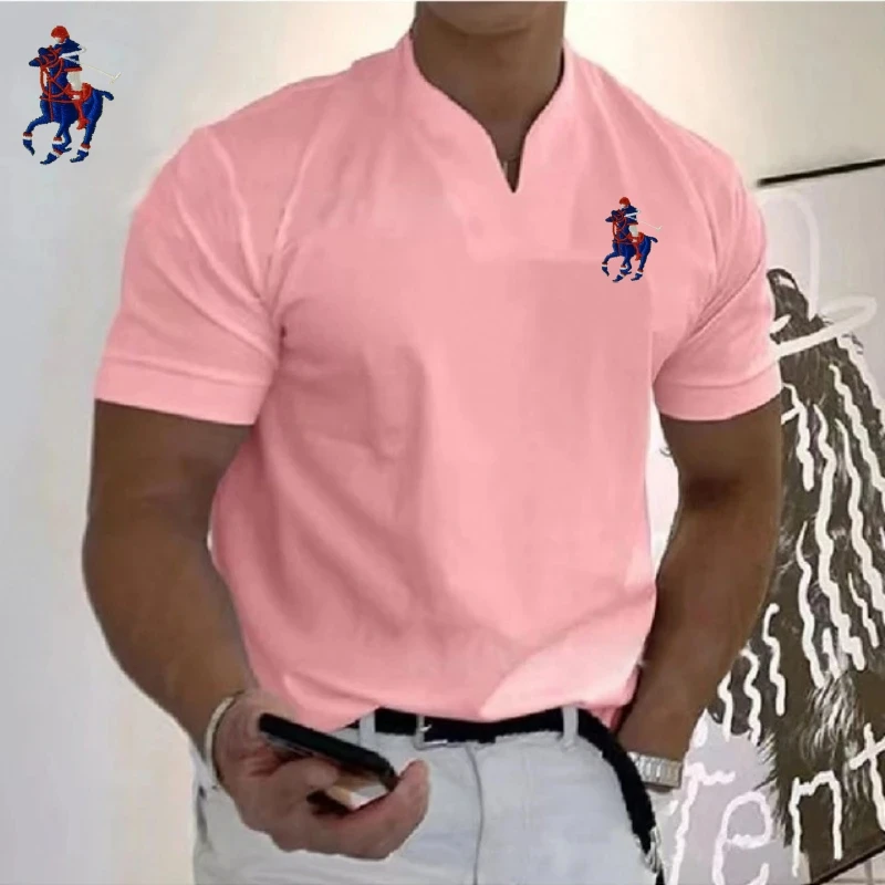 Neues Herren-Poloshirt aus bestickter Baumwolle mit kurzen Ärmeln und V-Ausschnitt, Sommermode, lässig, Business-Multifunktionsoberteil