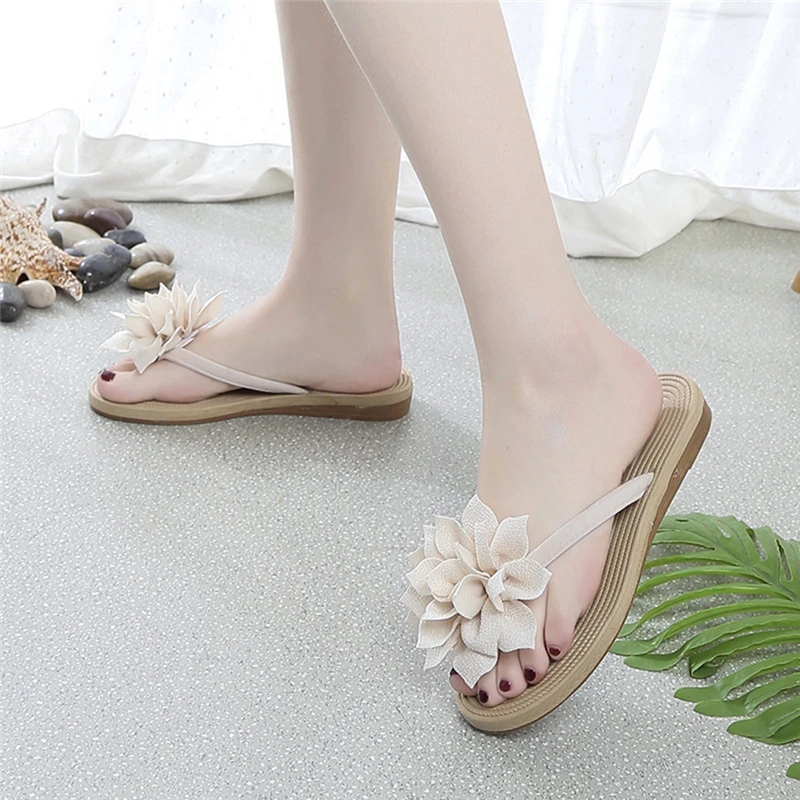 Fashion Women Flip Flops Casual Flower Slippers Ladies Slip on Shoes Female Slides Beach Sandals Flat Slippers for Women Black