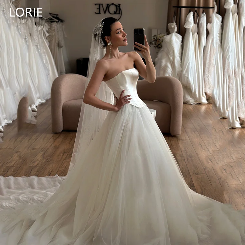

LORIE Tulle Wedding Dresses A-Line Strapless Off Shoulder Bridal Gown Elegent Long Tail Floor-Length Bride Gowns Customized