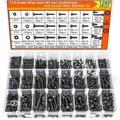 Kit de pernos métricos M2 M3 M4, 1260 Uds., tornillos con cabeza hueca hexagonal de 4-30MM, surtido de arandelas y tuercas de pernos de máquina de acero de aleación 12,9