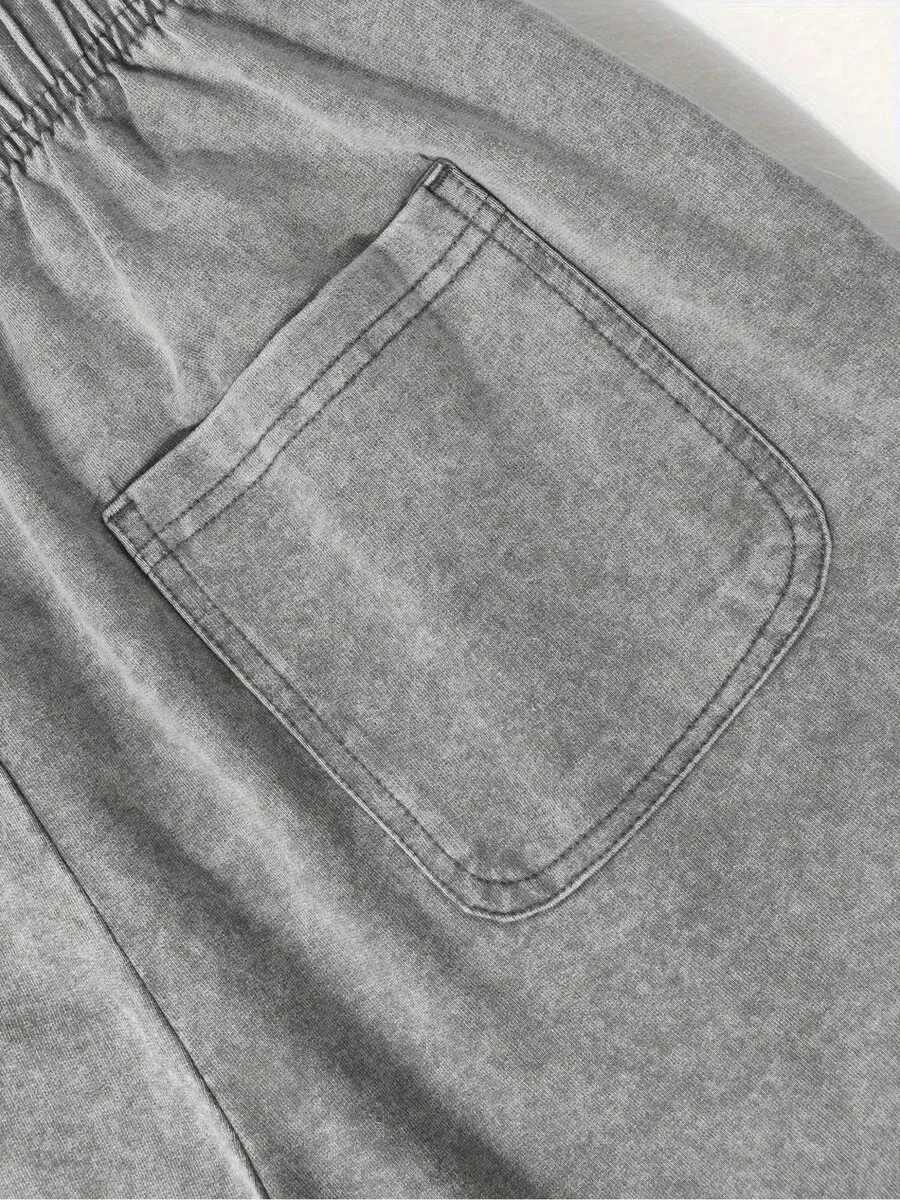 Mens Heavyweight Washed Cotton Retro Shorts Elastic Waist Loose Fit Casual Streetwear Basketball Shorts
