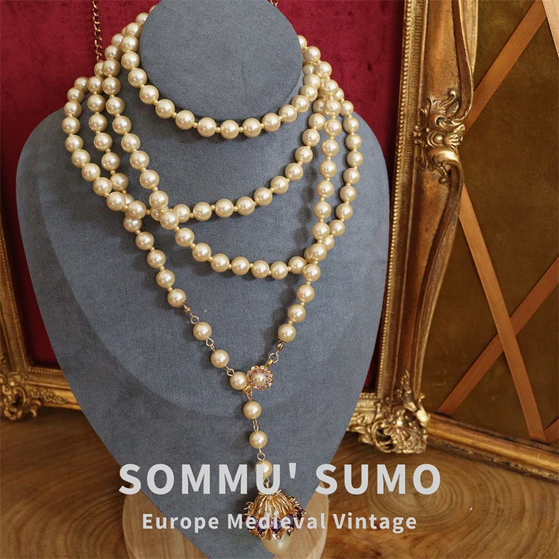 

Vintage Multi-Layer Pearl Glass Necklace European and American Heavy Industry Plated 24K Gold Fashion Clavicle Chain Sweater