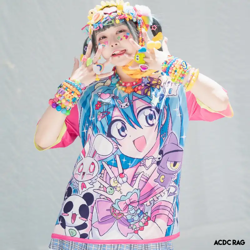 Harajuku Decorative Flag T-shirt with Colorful Anime Girl Panda Rabbit Cat Full Print Y2K Japanese Street Dress Adult Children