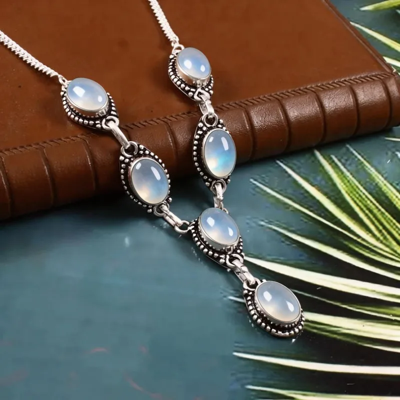 Silver Y shaped Pendant Necklace Oval Shaped Imitation Moonstone Bead Frame Pendant Necklace Bohemian Retro Women's Jewelry Gift