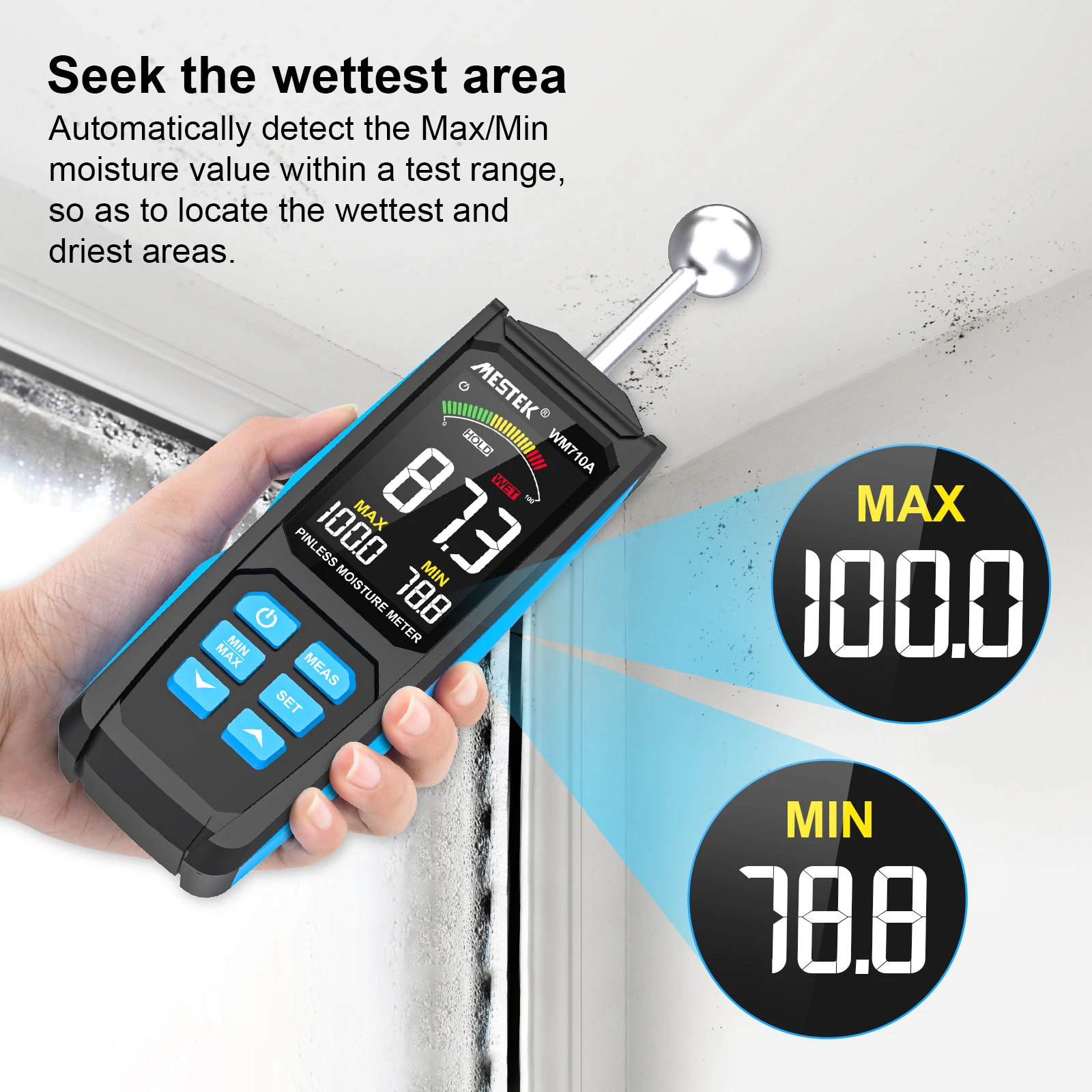 WM710A Digital Wood Moisture Meter Non-destructive Spherical Hygrometer Record Humidity Auto Detect Wettest Timber Damp Detector