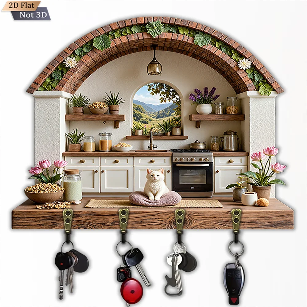 2D Flat, 1pc, Pastoral Style Key Hook, Wooden Multifunctional Home House Key Hook, with Four Metal Hooks, Wall Decoration,
