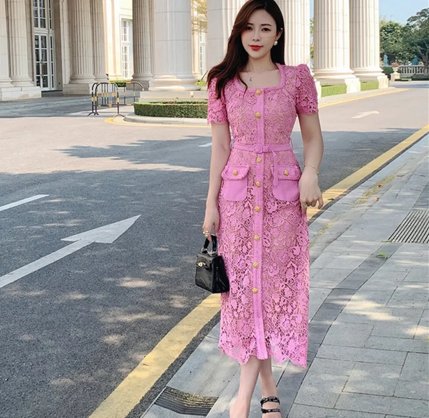 Fashion Runway Summer Pink Lace Sheath Dress Vintage Women Square Collar Golden Button Flower Embroidery Bodycon Long Dresses