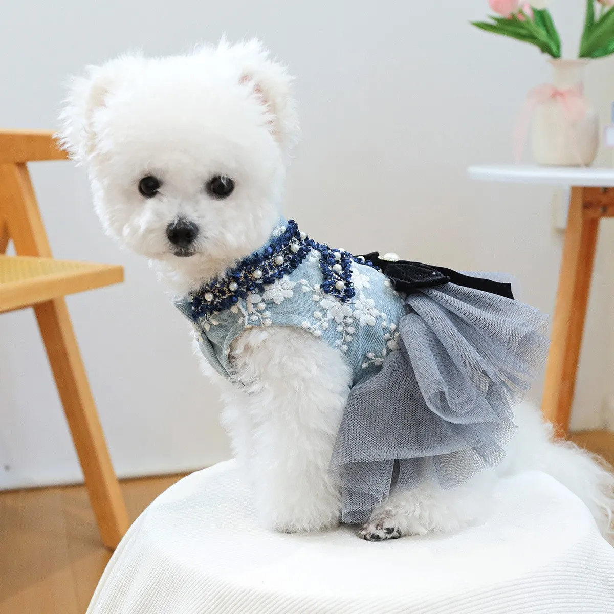 New puppy clothes, cat princess skirt, gray blue fragrant embroidery lace skirt, small dog, bear, pet