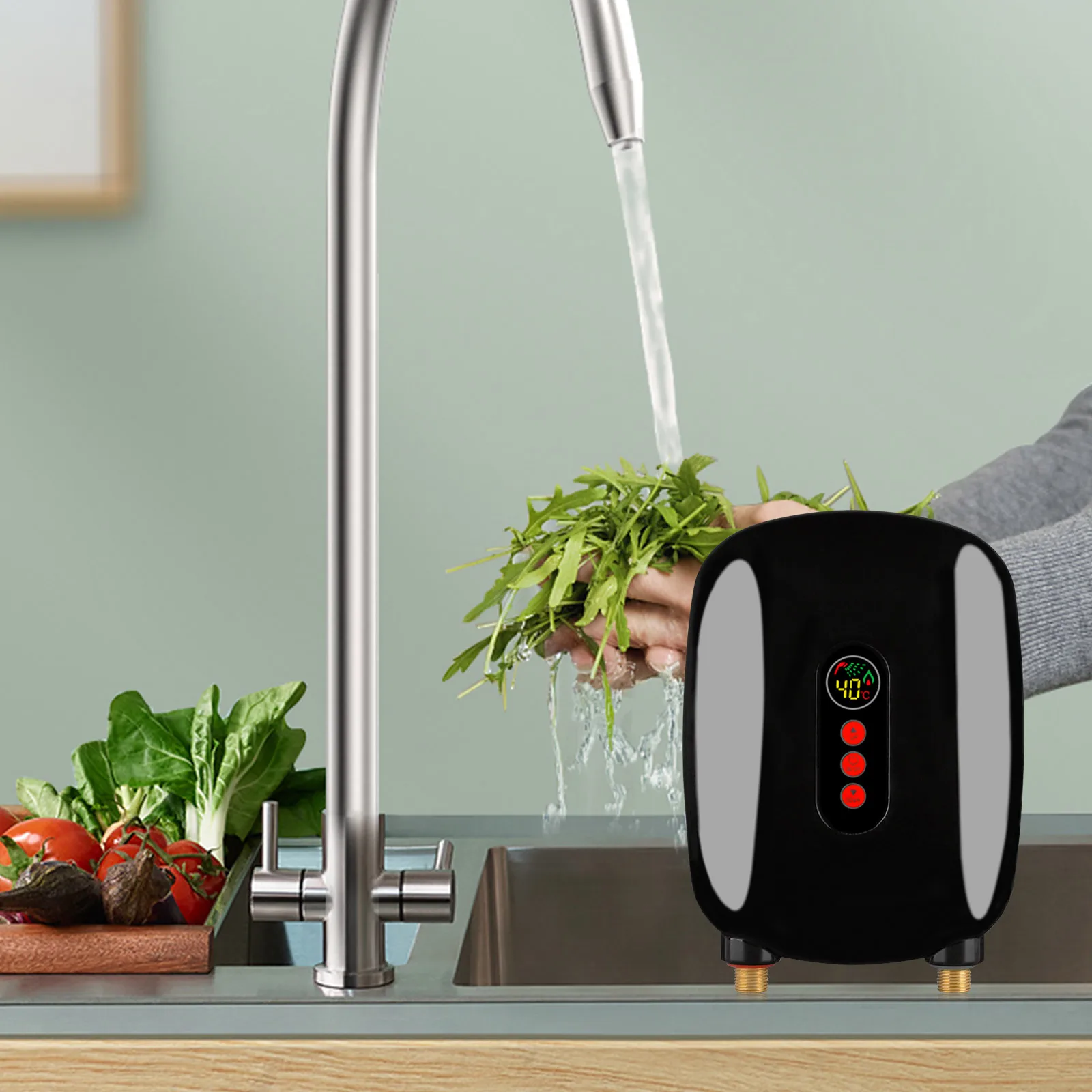 220V 6500W Mini Electric Tankless Instant Hot Water Heater with LCD Touch Screen Display Kitchen, For Kitchen, Shower, Black