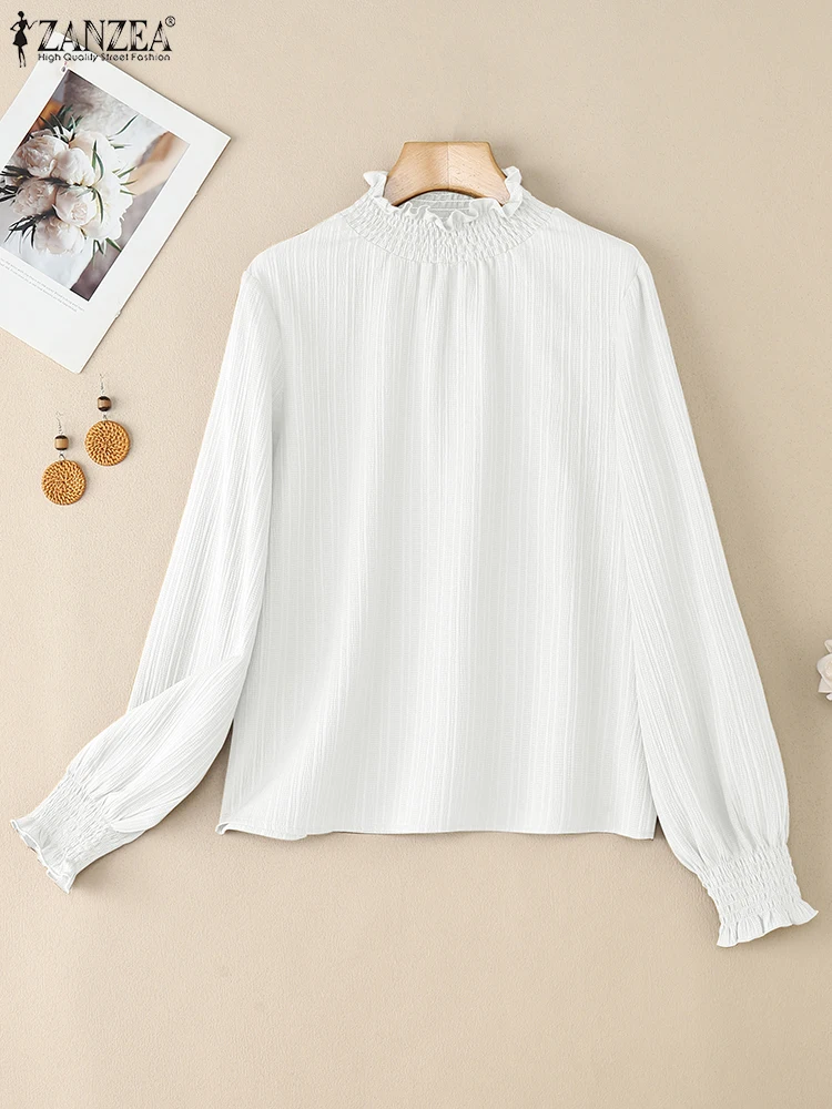 ZANZEA Vrouwen Stijlvolle Gesmokte Coltrui Blouses 2025, Herfst Mode Lange Lantaarn Mouw Getextureerde Effen Kleur Tops Vrouw Kleding
