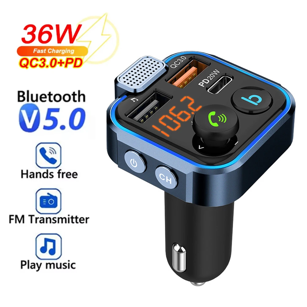 Bluetooth 5.0 Car FM Transmitter Handsfree Radio Handsfree MP3 Player Car Kit 20W PD QC3.0 Quick Charge Dual USB Charger Adapter