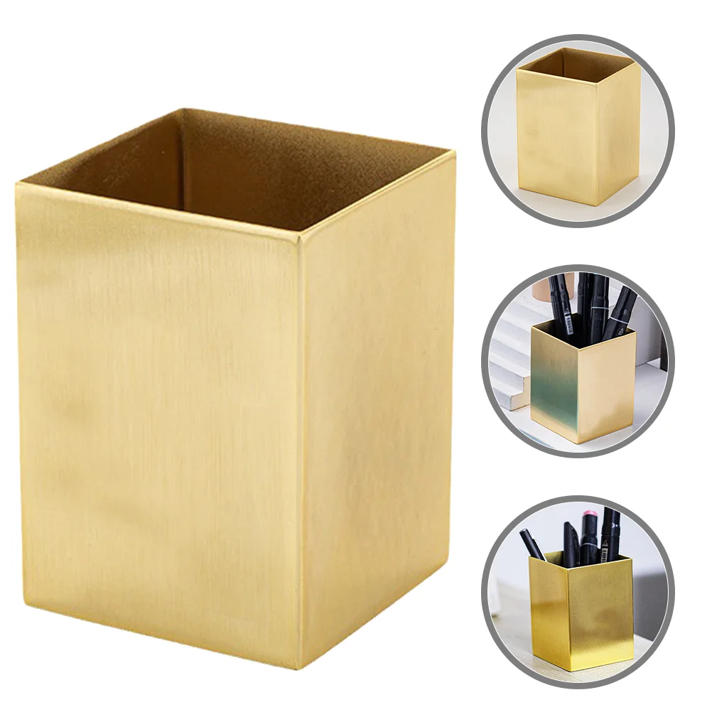 

Stainless Steel Square Storage Box Stationery Supplies Pen Holder Golden Desk