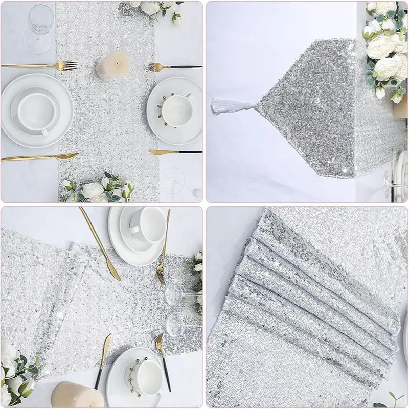Silver Sequin Tassel Table Runner for Birthday Party Wedding Decoration Bride Baby Shower Christmas Halloween Dinner Table Decor