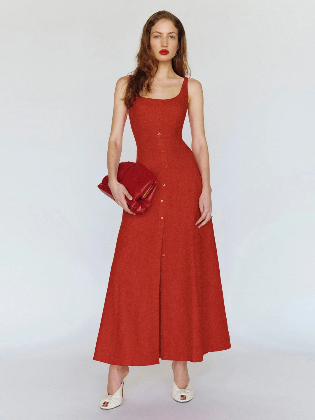 Elegant Red Slimming Linen Square Neck Long Dress A-Line Summer Reformation French Style High Waist Breathable Skin-Friendly ...