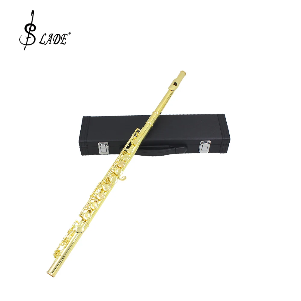 SLADE C Key Flute Golden Professional 16 Holes Closed Open Flute Silver Plated Concert Flute with Box Stick Cleaning Cloth Glove