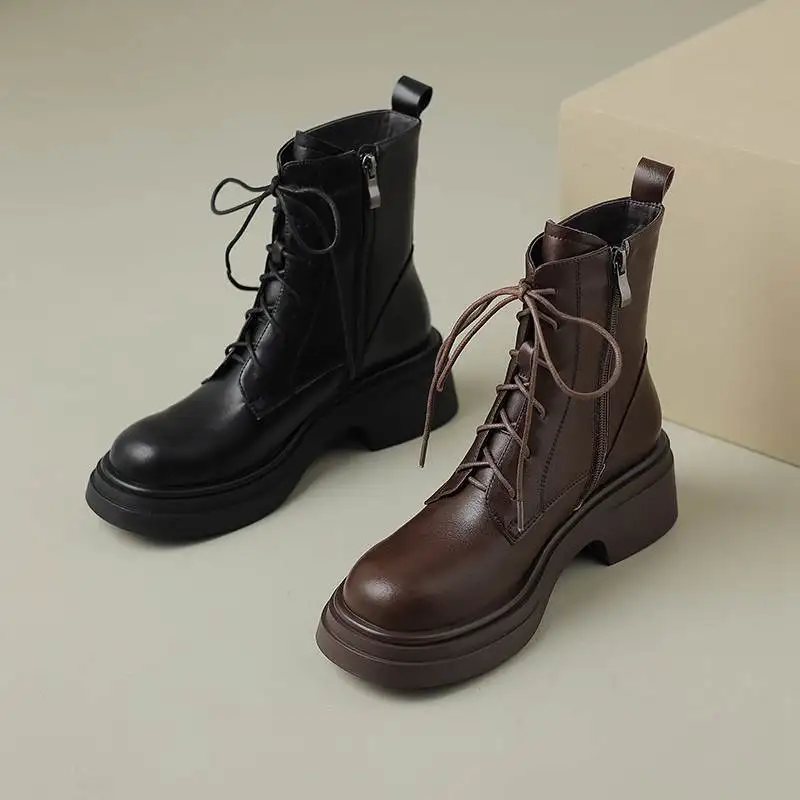 Krazing Pot Cow Leather Round Toe Thick Heels Winter Warm Motorcycle Boots Lace Up England Style Leisure Platform Ankle Boots