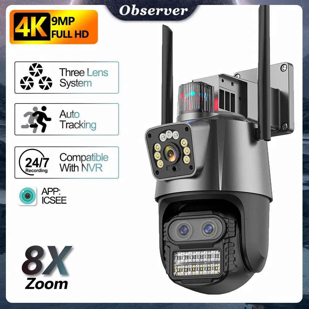 

4K 9MP WIFI Surveillance Camera Outdoor 8X Hybrid Zoom 6MP IP Camera Three Lens Dual Screen Security Cam Auto Tracking NVR iCSee