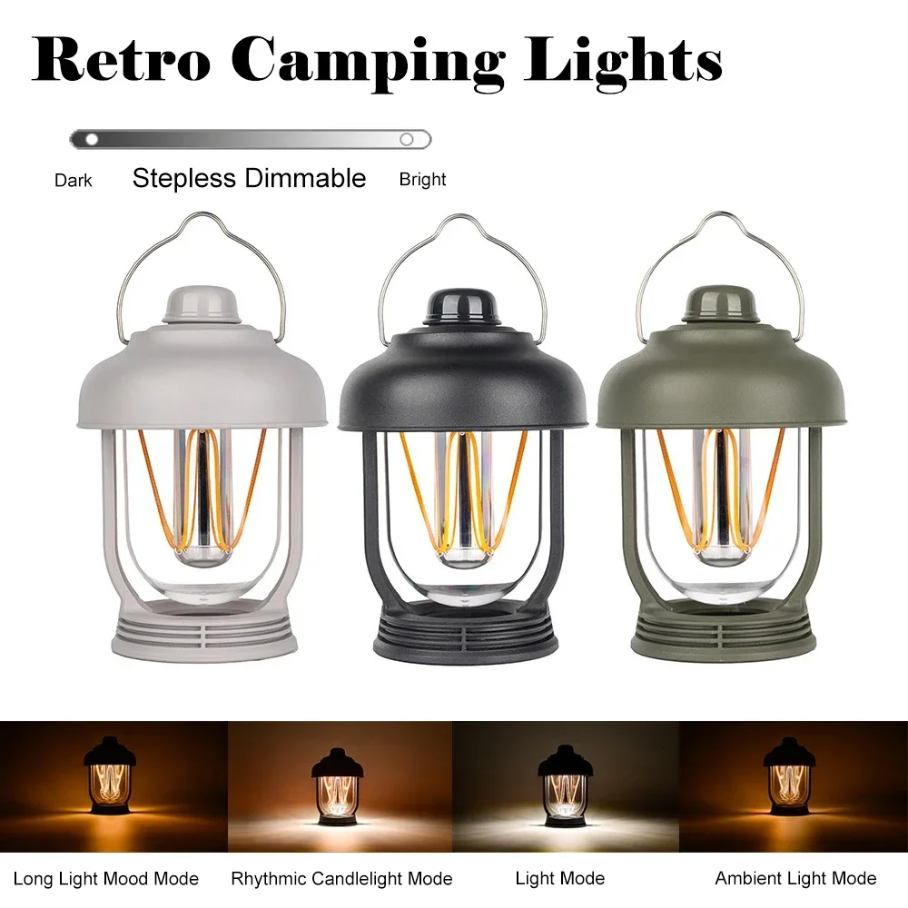 Retro Portable Camping Lanterns Waterproof Emergency Light Stepless Dimmable Hanging Tent Lamps for Outdoor Hiking Climbing Yard