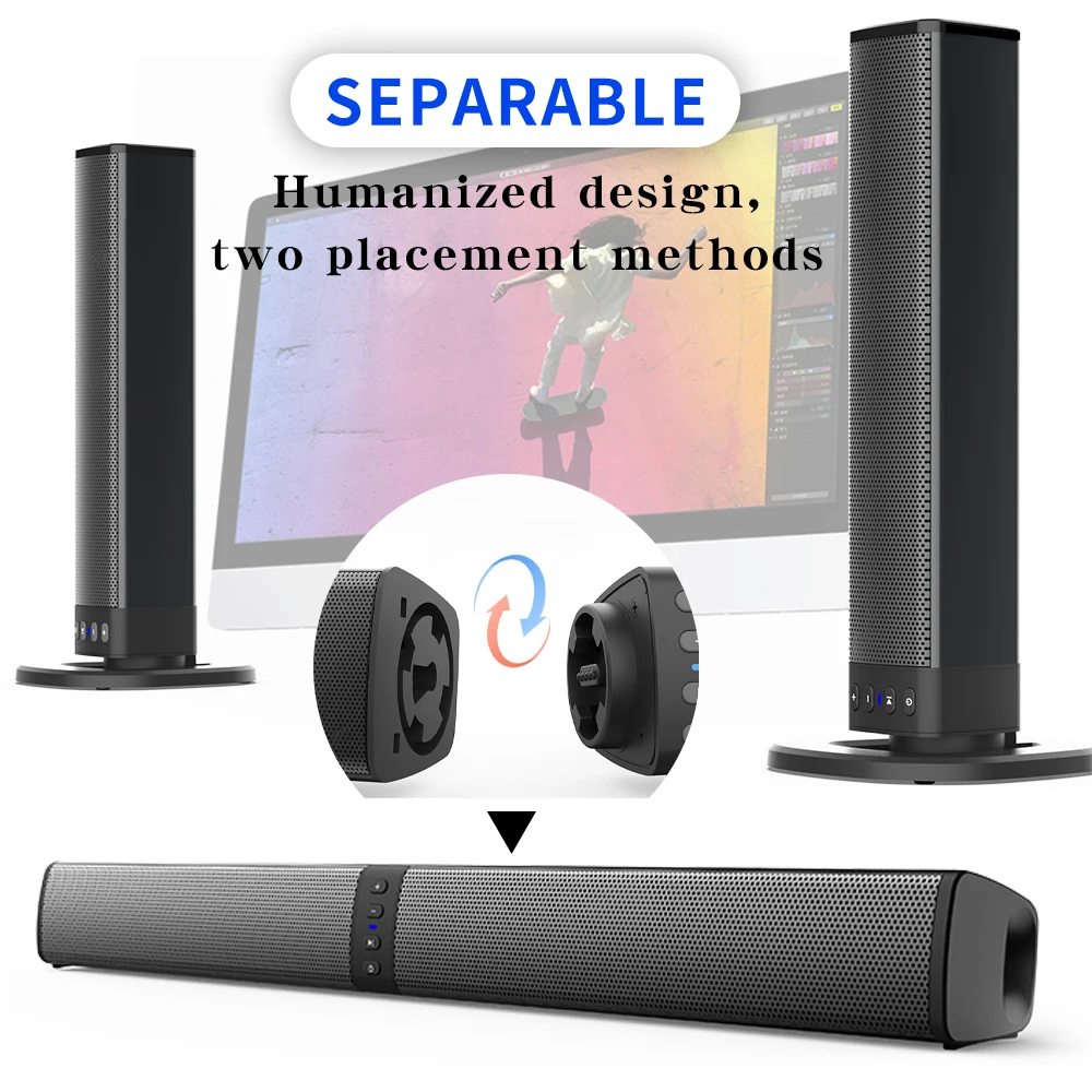 Sound Bars for TV, Wireless Speaker with FM Detachable bar Home Theater Surround  System TF Card/Aux/RCA Connection