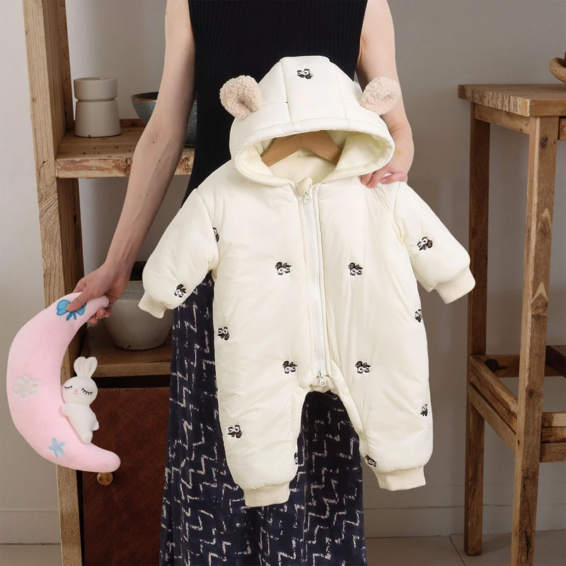 2026 Winter Baby Boys Bodysuit Cartoon Embroidery Lamb Fleece Lining Thick Warm Hooded Zipper Jumpsuits For Girls Romper 0-2Y