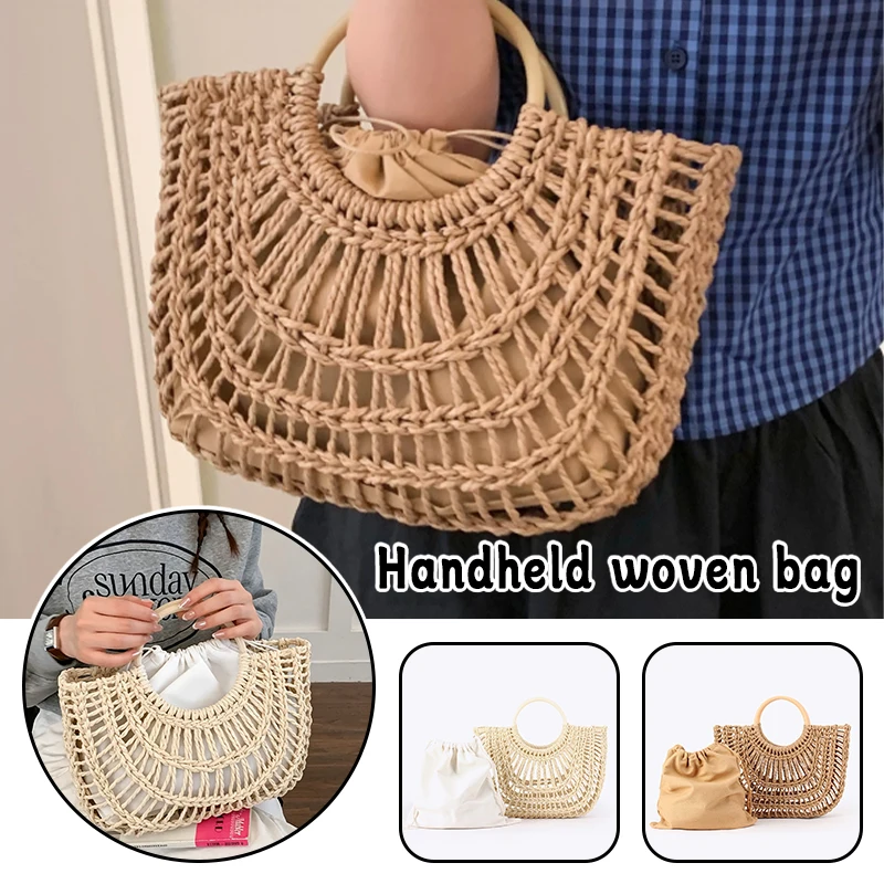 

Boho Handmade Woven Beach Tote Bag Women Large Straw Hollow Out Summer Vacation Travel Shoulder Bag Casual Shopping