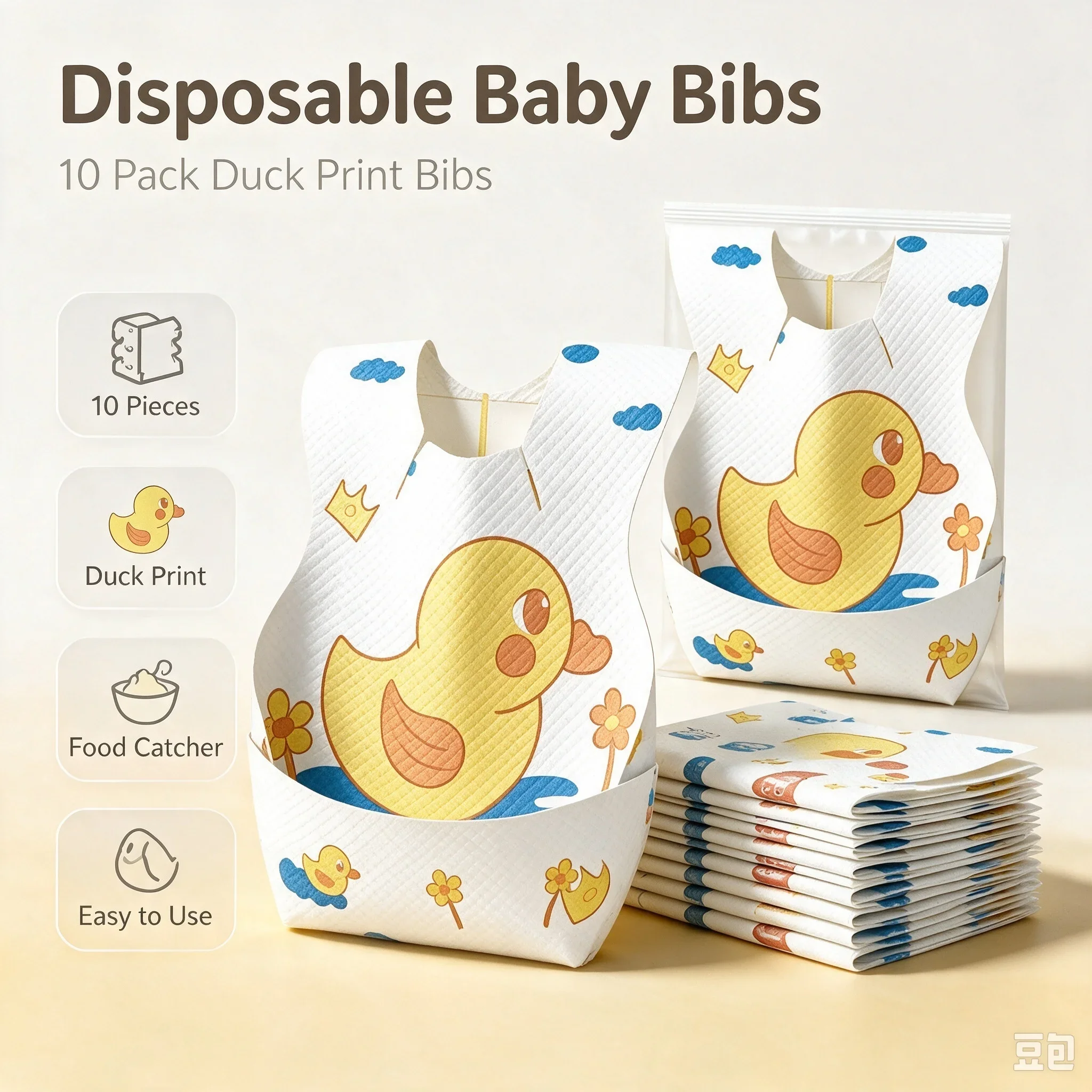 10 Stück Einweg-Baby-Lätzchen mit Cartoon-Motiv Gelbe Ente, Wasserdichte Fütterungslätzchen für Kleinkinder, Saugfähig und Sabberfest