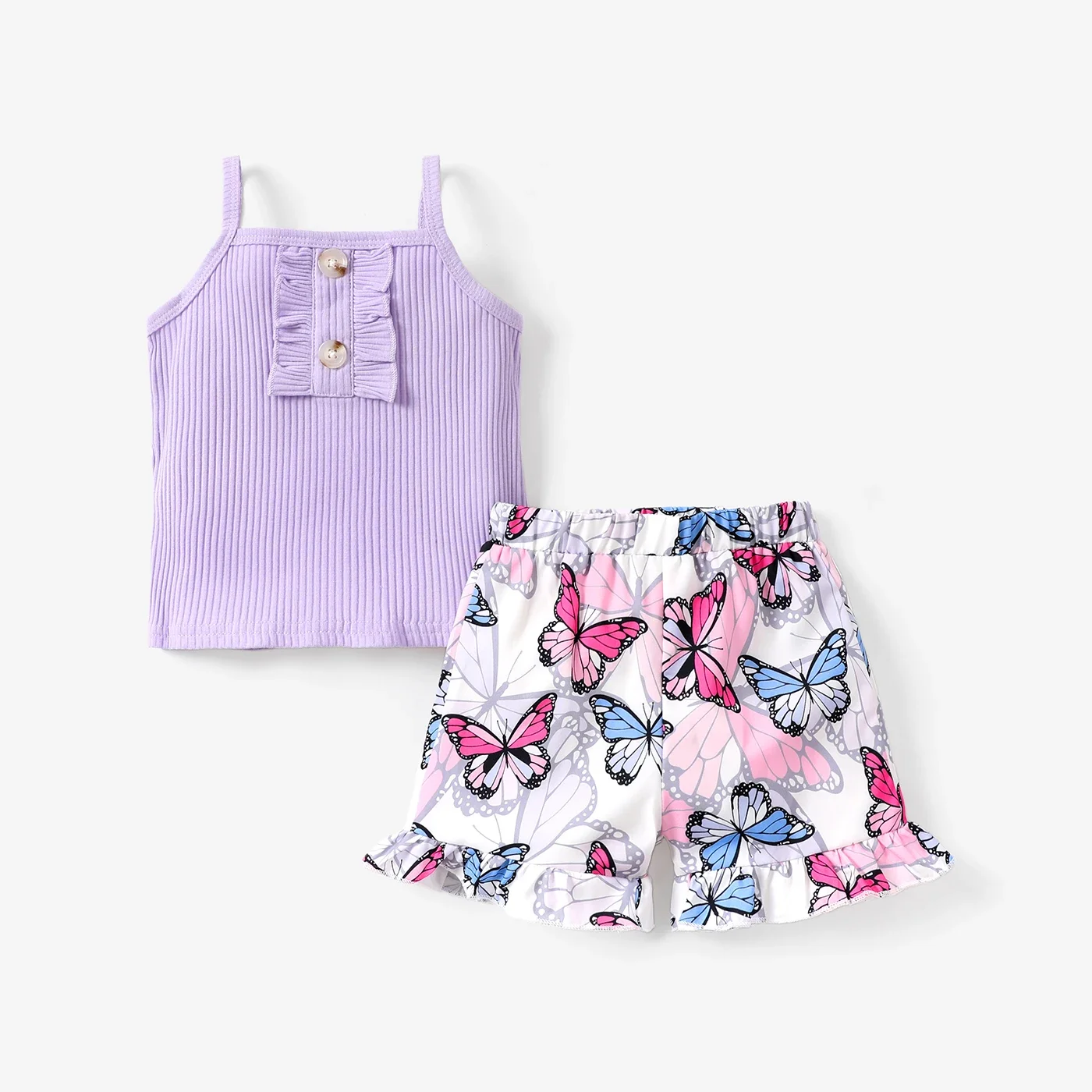 PatPat 2pcs Toddler Girl Sweet Ruffled Ribbed Camisole and Butterfly Print Shorts Set Perfect for Outings and Daily Wear