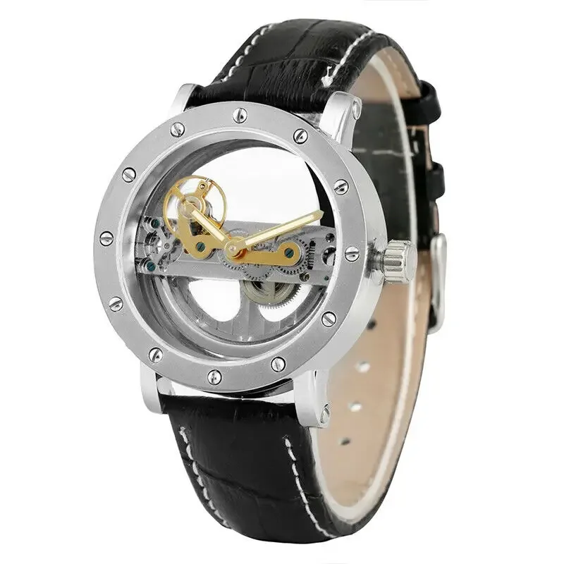 FORSINING Bridge Skeleton Mens Watches Automatic Self Wind Mechanical Leather Band Wrist Watch