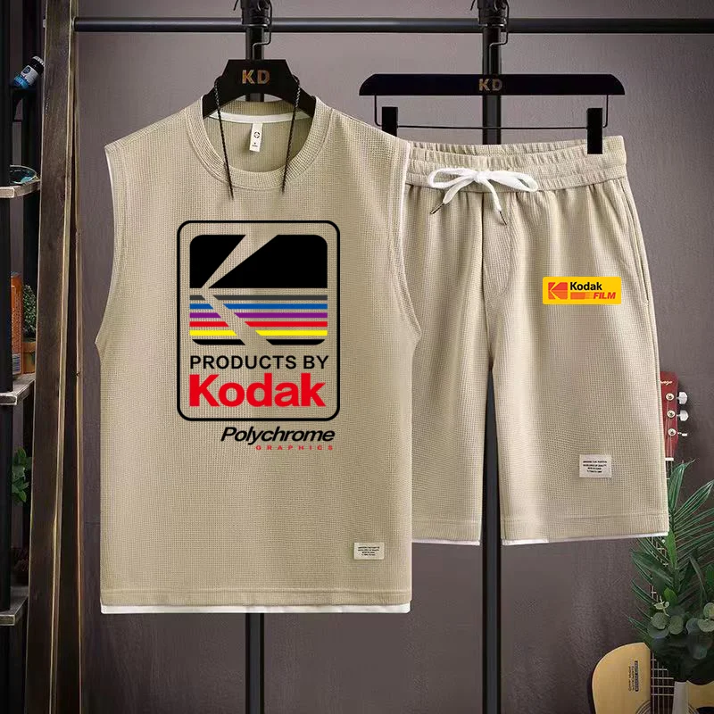 

Kodak brand printed men's sleeveless + short pants set - summer adult outdoor breathable sports loose two-piece set