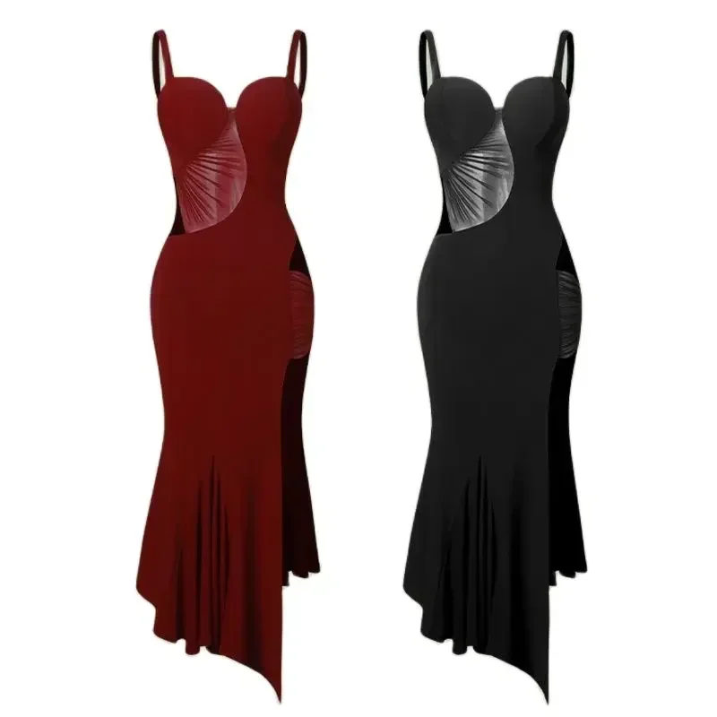 Vestido de competición de baile de salón, ropa de escenario, rojo, negro, cintura hueca, vestido de baile latino, vestido de fiesta sin mangas para mujer