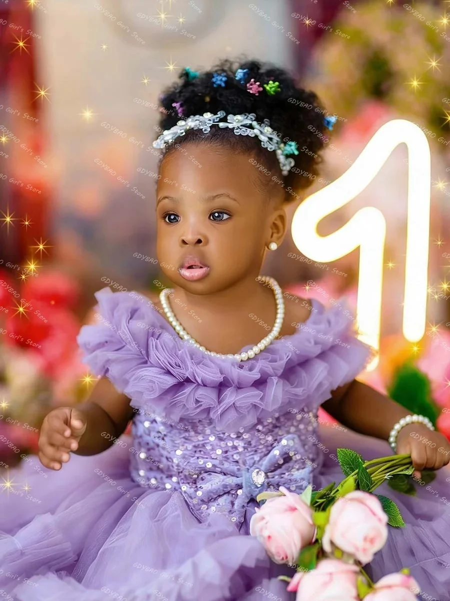 

Princess Flower Girl Dresses for Wedding Sequined Bow Tulle Tiered Cute Kids Birthday Party First Communion Gown Customized