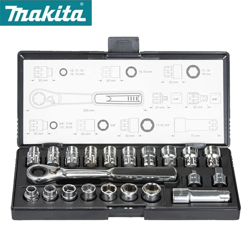 Makita B-65604 21 Piece Pass Thru Metric Imperial Socket Set Hexagon Ratchet Socket Wrench Set for Automobile Maintenance