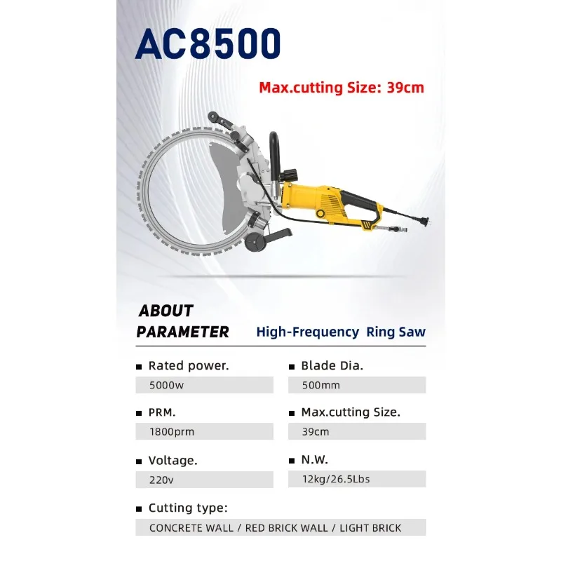 AC8500 500mm Electric Power Concrete Cutters 390mm Cutting Depth Wall Cutting Machine Ring Saw