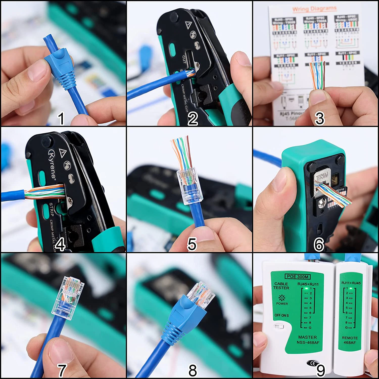 Woeowパススルーrj45度ツールcat5e cat6 cat6a cat7圧着工具 (rj11/rj12標準用) 、rj45パススルーコネクタ